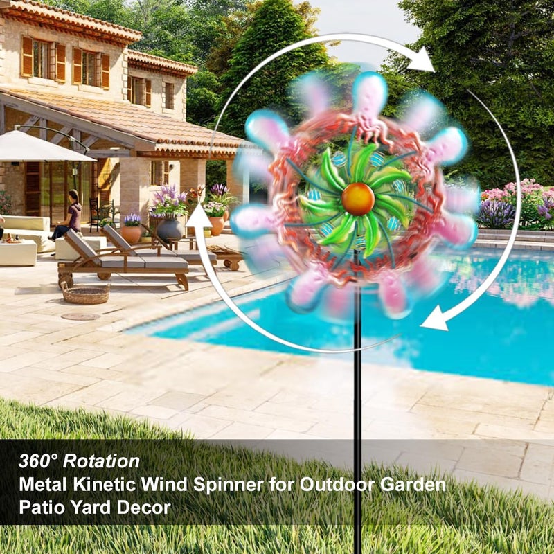 Senflame Jellyfish Wind Spinners - 39" Ocean-Themed Metal Wind Sculptures Garden Stake Art, 13.5” Windmill Yard Kinetic, Outdoor Decor for Patio & Lawn - Metal Beach Sculpture with Jellyfish Design - Image 4